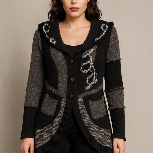 Fantazia Pieced Black and Gray Patchwork Knit Sweater Cardigan L - Picture 1 of 9